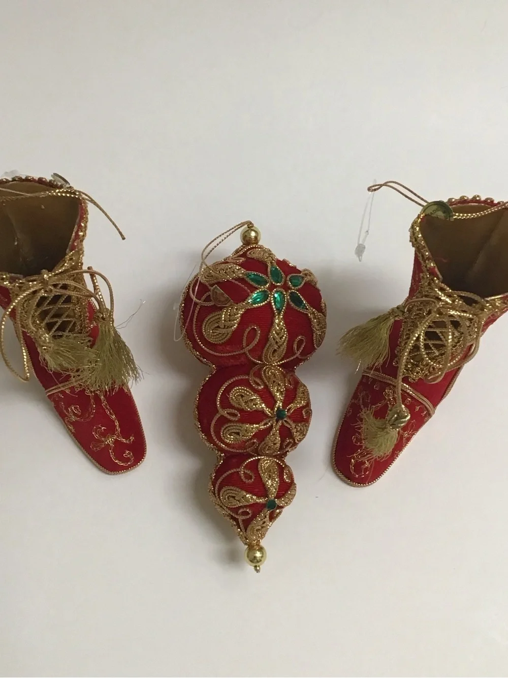 Victorian Look Christmas Tree Ornaments SET OF 3 Red Velvet Gold Trim Boots NEW